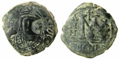 Ancient Coins - BYZANTINE EMPIRE.Maurice Tiberius AD 502-602.AE.Follis.Struck AD 601/02. Mint of Theoupolis ( Antioch ). Obverse Heraclian countermark ?