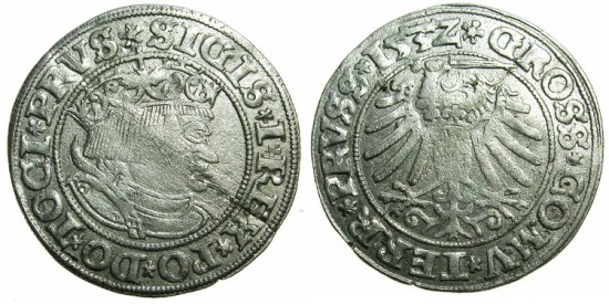 POLAND.Sigismund I The Old AD 1506-1548.AR.Grosch 1532.Prussian