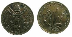 World Coins - ITALY.VATICAN CITY.Pope Pius XI 1922-1939.Bronze.5 Centesimi.19345( ANNO XIV ).