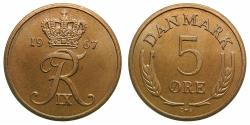 World Coins - DENMARK.Federik IX 1947-1972.Bronze.5 Ore.1967