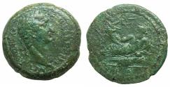 Ancient Coins - EGYPT.ALEXANDRIA.Trajan AD 98-117.AE.Drachma.struck AD 98. Nilus on crocodile with Genii inscribing 16 cubits. First year of reign.