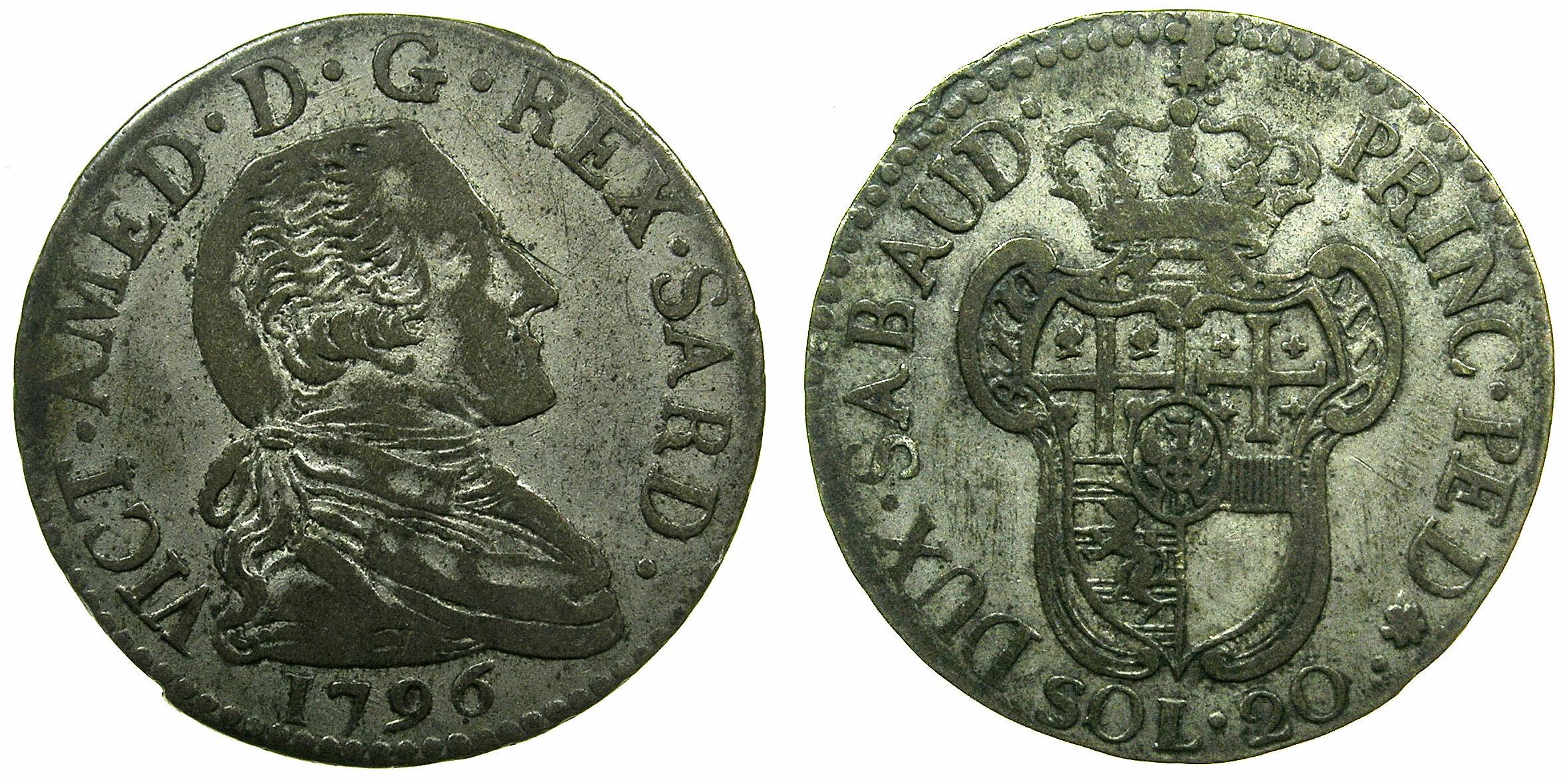 ITALY.SAVOY.Vittorio Amadeo III AD 1773-1796.Billon 20 Soldi 1796.