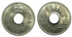 World Coins - FIJI ISLANDS.British until 1970.Elizabeth II 1952-2022.Copper-Nickel.One Penny.1966