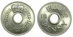World Coins - FIJI ISLANDS.British until 1970.Elizabeth II 1952-2022.Copper-Nickel.One Penny.1959