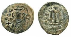 Ancient Coins - ARAB BYZANTINE.Umayyad Caliphate.Anonymous 7th cent AD.AE.Fals. Mint of HIMS ( Emessa ). Facing imperial bust