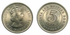 World Coins - MAYALSIA AND BRITISH BORNEO.Elizabeth II 1952-2022.Copper-Nickel.5 Cents.1953.