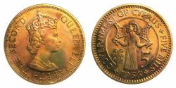 World Coins - CYPRUS.British.Elizabeth II 1952-2022.AE. 5 Mils.1955. PROOF.