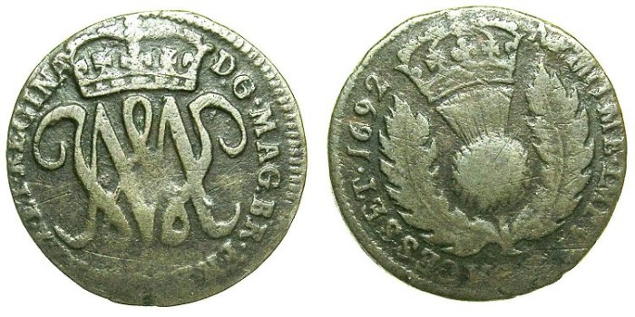 SCOTLAND.William and Mary 1689-1694.AE.Two pence ( Turner or Bodle ).1692.