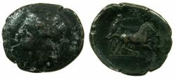 Ancient Coins - SICILY.SYRACUSE.Hiketas II 288-279 BC.AE.24.6mm.~~~Persephone.~#~Nike driving Biga.