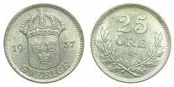 World Coins - SWEDEN.Gustaf V1907-1950.Silver.25 Ore.1937.Small letter G.