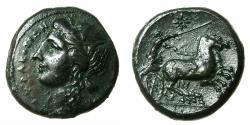 Ancient Coins - SICILY.SYRACUSE.Hiketas II 287-278 BC.AE.23.3mm. Head of Kore. Charioteer in biga.  *** Ex Virgil M.Brand collection. ***