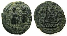 Ancient Coins - ARAB BYZANTINE.Anonymous 7th AD.AE.Fals. Two Standing Imperial figures.Mint of BAALBEK / HELIOPOLIS.