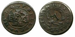 World Coins - SPAIN.Philip III AD 1598-1621.AE. 4 Maravedis.1606. Mint of Segovia. Countermark L and (16)64 during reign of Philip IV 1621-65.