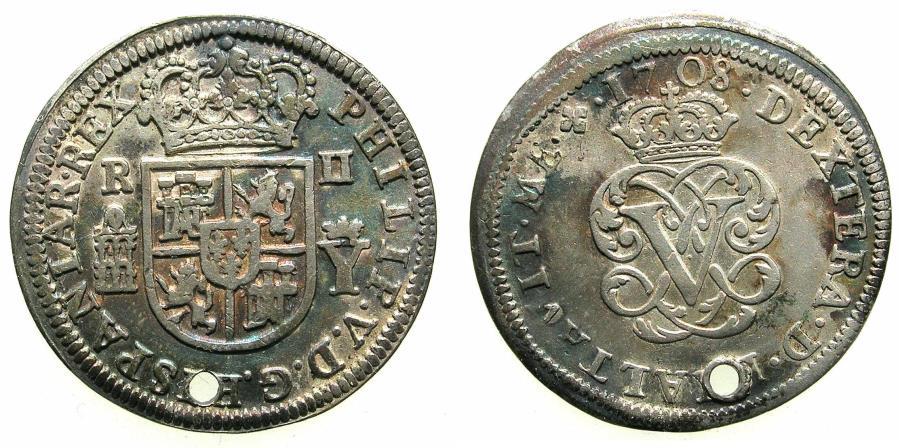 SPAIN.Philip V 1700-1747.AR.2 Reales.1708.Mint of SEGOVIA. **One year ...