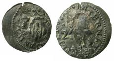 World Coins - FRANCE.ROUSSILON.PERPIGNAN. Louis XIV The Sun king 1643-1715.Billon 2 Sols 1646. Catalan revolt: countermark hand holding head of The Baptist