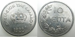 World Coins - GREECE.King Constantine I 1920-1922.Al.10 LEPTA 1922.Uncirculated with much lustre
