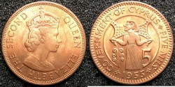 World Coins - CYPRUS.Elizabeth II.AE.5 Mils 1955.BUNC.~~~A modern rarity in this grade.