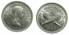 World Coins - NEW ZEALAND.Commonwealth.Elizabeth II 1952-2022.Copper-Nicel.3 Pence.1965.Prooflike.