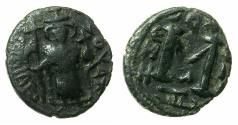 Ancient Coins - ARAB BYZANTINE.Unayyad Caliphate.Anonymous 7th cent AD.AE.Fals.Mint of Hims ( Emessa ). Standing imperial figure.