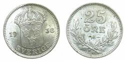 World Coins - SWEDEN.Gustaf V1907-1950.Silver.25 Ore.1936.