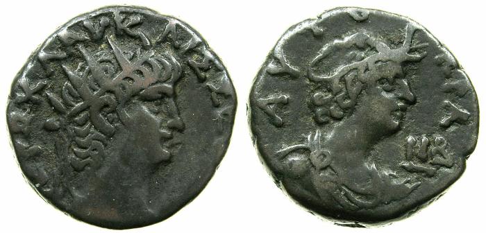 EGYPT.ALEXANDRIA.Nero AD 54-68.Billon struck AD 65/66.~#~.Bust of Alexandria.