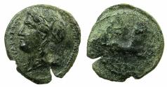 Ancient Coins - SICILY.SYRACUSE.Hiketas II 287-278 BC.AE.20.2mm. Head of Kori left facing.
