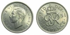World Coins - UNITED KINGDOM.George VI 1936-1952.Cupro-Nickel.Sixpence.1951.3rd coinage.IND.IMP omitted.