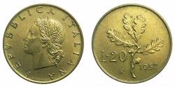 World Coins - ITALY.REPUBLIC.Aluminum-Bronze.20 Lire.1957. Serifed figure 7 ( 7 gambo largo ).