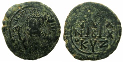 Ancient Coins - BYZANTINE EMPIRE.Maurice Tiberius AD 582-602.AE.Follis, struck AD 601/02.Mint of CYZICUS.****Final year of Maurice Tiberius' reign, Emperor holds mappa *****