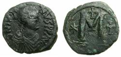 Ancient Coins - BYZANTINE EMPIRE.Justin I AD 518-527.AE.Follis.Mint of CONSTANTINOPLE. Chi-Rho monogram on shoulder.
