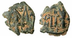 Ancient Coins - BYZANTINE EMPIRE.Constans II AD 641-668.AE.Follis. overstrike on Heraclius follis Year 24. CONSTANTINOPLE