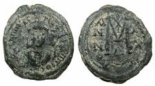 Ancient Coins - BYZANTINE EMPIRE.Maurice Tiberias AD 582-602.AE.Follis. struck AD 601/2.Mint of CONSTANTINOPLE. Emperor wearing consular robes.