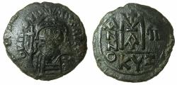 Ancient Coins - BYZANTINE EMPIRE.Maurice Tiberius AD 502-602.AE.Follis.Struck AD 589/90.Mint of CYZICUS.