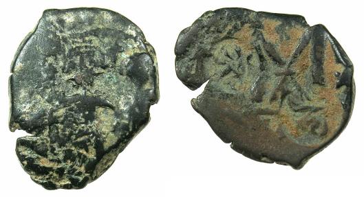 Ancient Coins - BYZANTINE EMPIRE.Heraclius AD 610-641.AE.Follis.Mint of CONSTNATINOPLE. Reverse. Two Heraclius' monogram countermark.