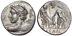 Ancient Coins - Lucius Caesius AR Denarius "Two Lares, Dog, Head of Vulcan" Good Very Fine
