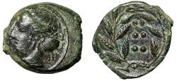 Ancient Coins - Sicily, Himera AE Hemilitron "Nymph & Six Pellets in Wreath" Extremely Fine