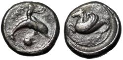Ancient Coins - Calabria, Tarentum AR Nomos "Taras on Dolphin & Hippocamp" Very Rare Variety