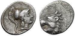 Ancient Coins - Pamphylia, Side AR Obol "Athena & Lion Roaring" Toned Good Very Fine