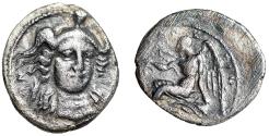 Ancient Coins - Sicily, Morgantina AR Quarter Drachm "Athena Facing / Nike Seated" Very Rare