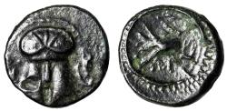Ancient Coins - Mesembria, Thrace AE11 "Decorated Corinthian Helmet Facing & META Wheel" Rare