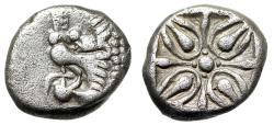 Ancient Coins - Satraps of Caria: Hekatomnos AR Diobol "Roaring Lion, EKA / Stellate" Very Rare