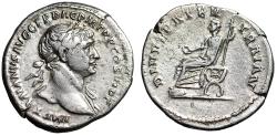 Ancient Coins - Trajan AR Denarius "Trajan Senior (Pater) Seated" Rome Good Very Fine