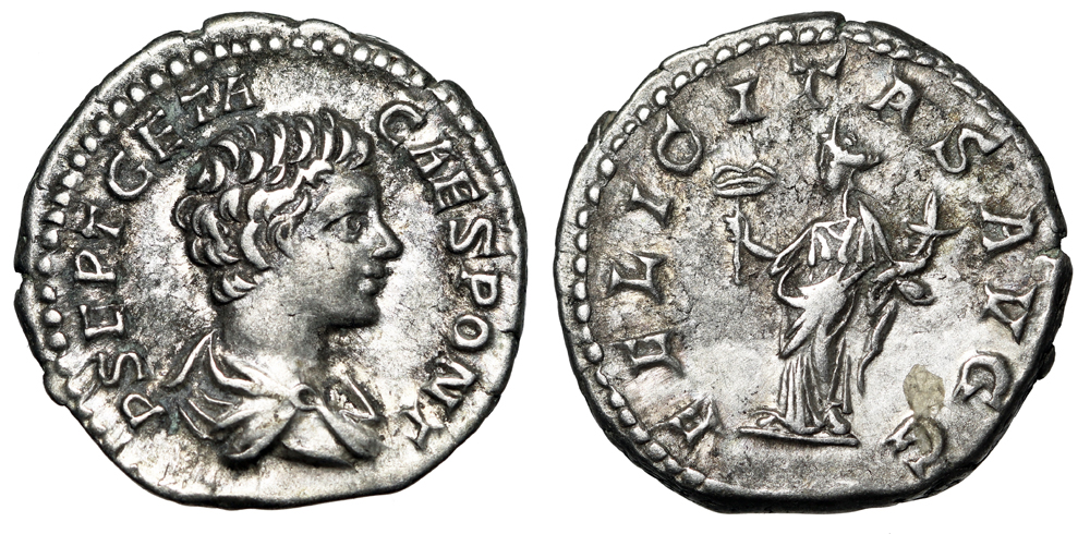 Geta AR Denarius FELICITAS AVGG Felicitas Caduceus Rome RIC 8 Good VF