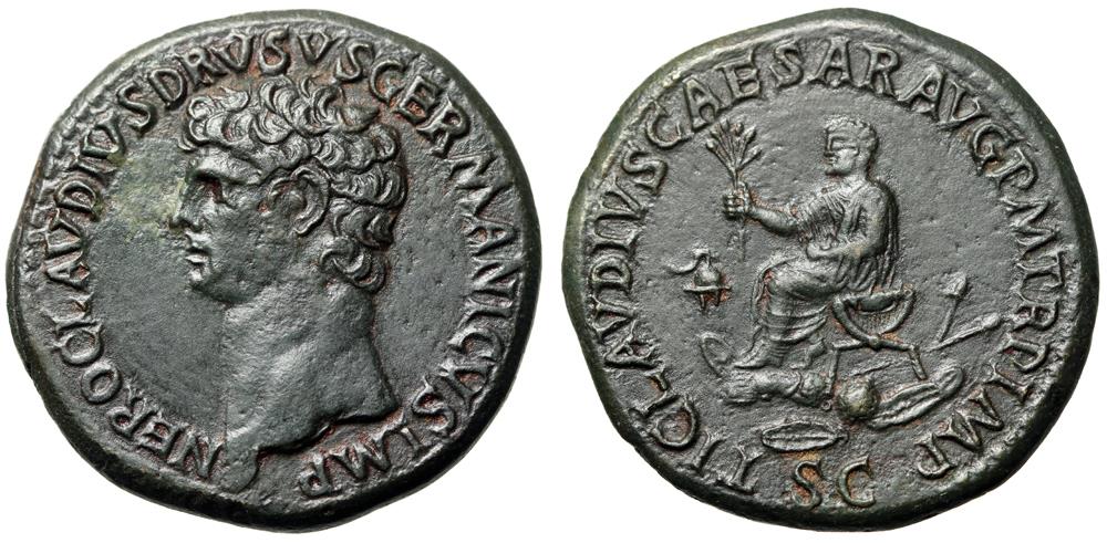 Nero Claudius Drusus Sestertius Seated on Arms Choice Extremely Fine