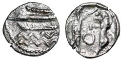Ancient Coins - Phoenicia, Sidon AR 1/16 Shekel "Galley on Waves / King, Lion" Good Very Fine