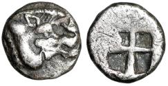 Ancient Coins - Mysia, Kyzikos AR Hemiobol "Boar & Quadripartite Incuse Square" Extremely Rare