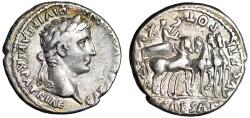 Ancient Coins - Augustus AR Denarius "Tiberius in Quadriga, One Horse Head Left" Extremely Rare