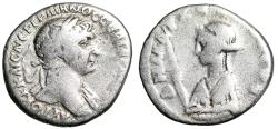 Ancient Coins - Trajan AR Drachm "Artemis Holding Spear & Patera" Good Fine