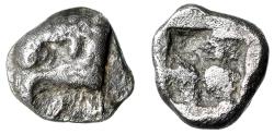 Ancient Coins - Aeolis, Kyme AR Hemiobol "Eagle Head Left / Quadripartite Incuse Square"