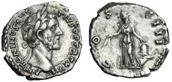 Ancient Coins - Antoninus Pius AR Denarius "COS IIII Annona, Modius on Prow" RIC 221 gVF